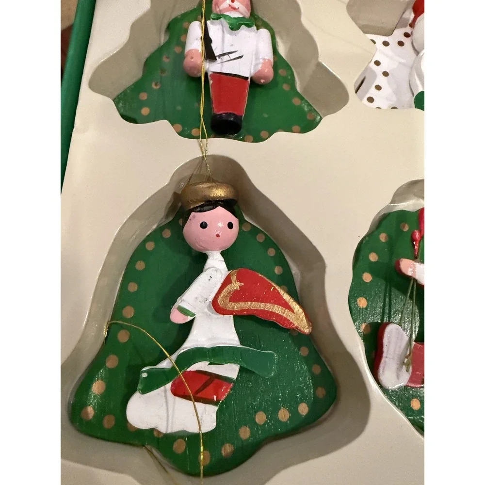 Vintage Christmas 12 Wooden Ornaments Hand Made Hand Painted 3-4